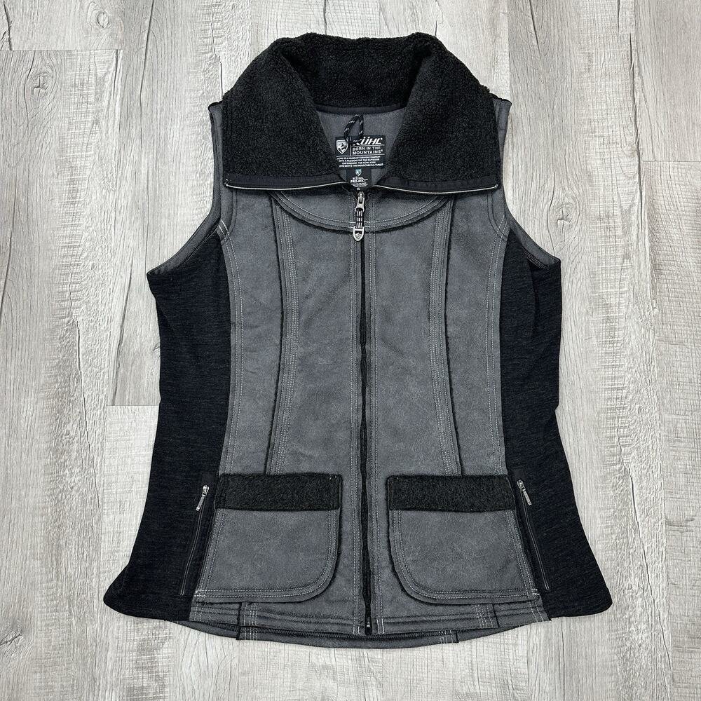 Kuhl Projekt Dani Sherpa Vest Womens XL Gray Full Zip Faux Leather Wool Hiking